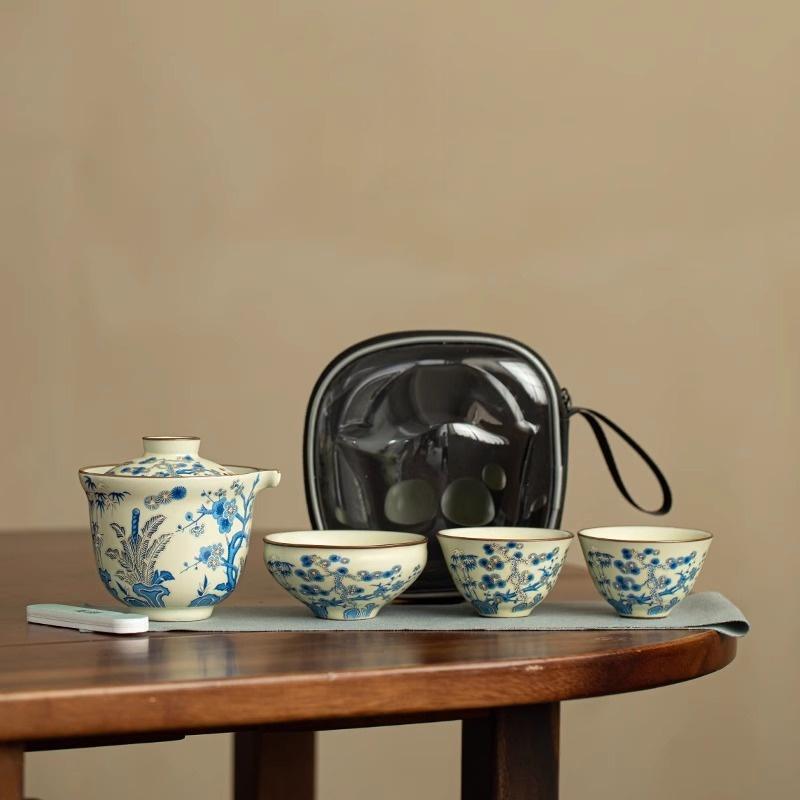Imitation Song Ru Kiln Three Friends of Winter Travel Tea Set Outdoor Portable Quick Cup Car Travel Tea Maker Set