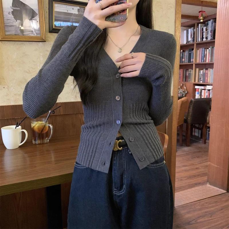 春秋季v领气质设计感针织内搭开衫女修身显瘦薄款打底衫早秋上衣|undefined