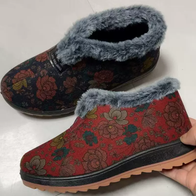 女鞋冬季棉鞋女加绒加厚短筒雪地靴老年人防滑圆头一脚蹬妈妈鞋
