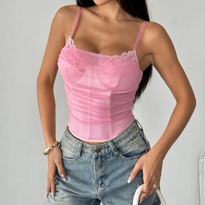 Cross-Border French Niche Design Sexy Lace Splicing Small Suspender Sexy Slim Short Top 229