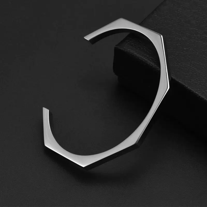 跨境新款不锈钢矩形立体开口手镯C型亮面个性时尚手饰品不掉色男