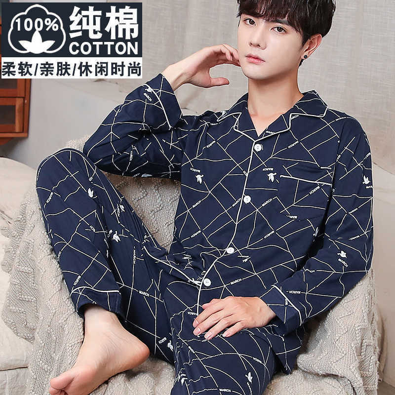 Pijamas 100% algodón de los hombres de manga larga pantalones de primavera y otoño de mediana edad suelta más tamaño desgaste del hogar traje de dos piezas