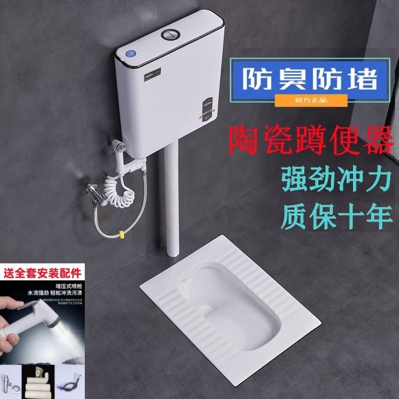 蹲便器家用陶瓷蹲便器水箱套装卫生间防臭小号大便器蹲坑蹲厕蹲盆