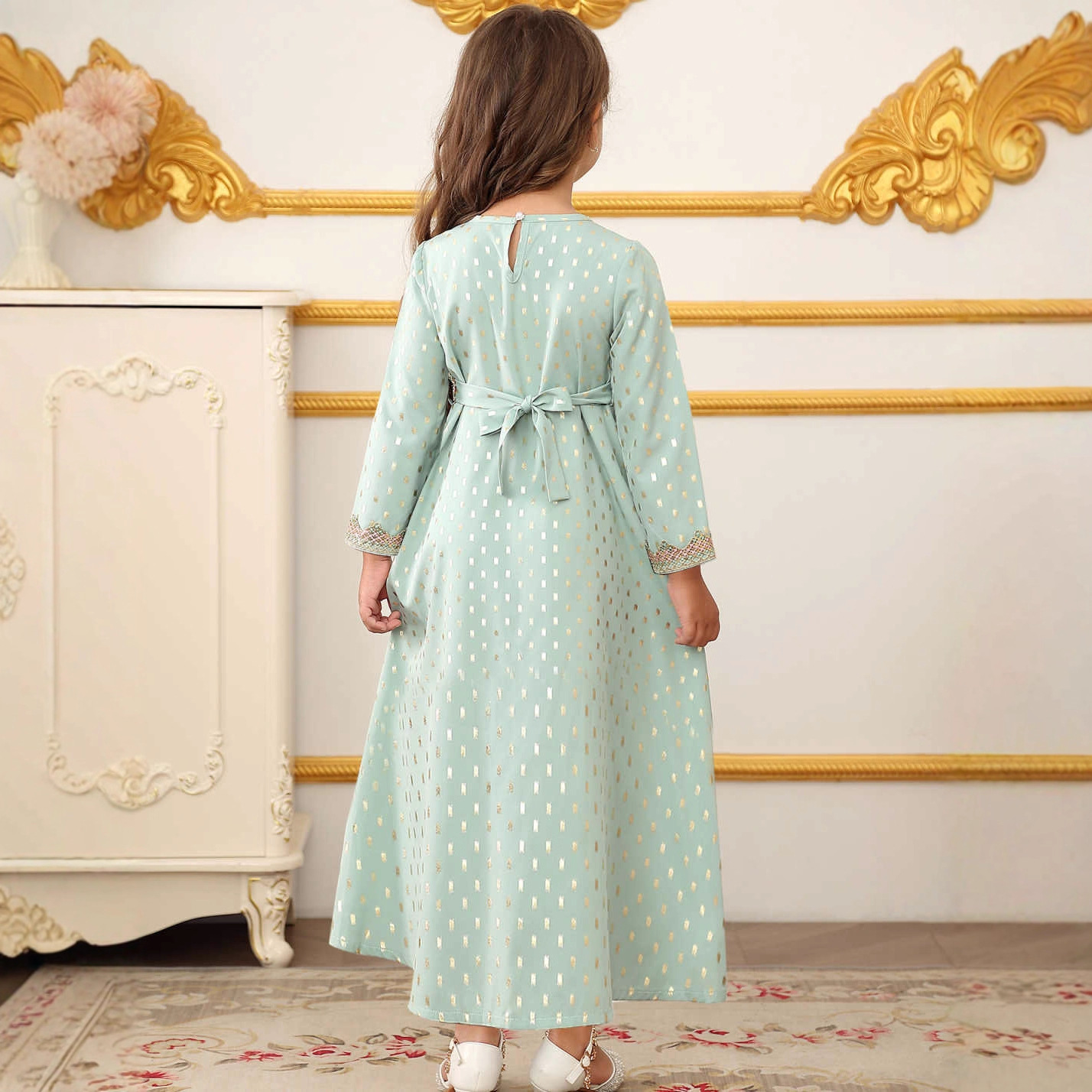Dubai Mädchen Langarm Kleid Mit Druck Middle Eastern Style_voghion.com