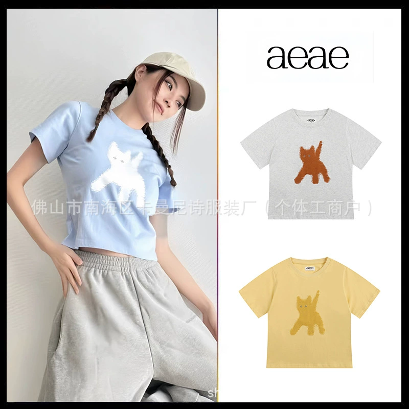 Корейская модная марка AEAE кот с короткими рукавами, стройная милая горячая девушка, короткая хлопковая футболка с круглым вырезом