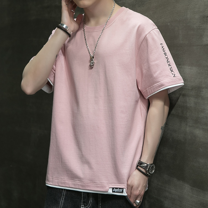 Camiseta de manga corta de algodón puro de talla grande para hombre, estilo dos piezas, holgada, moderna, de gran tamaño, versátil, para uso diario.