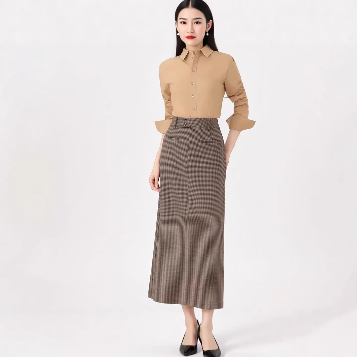 Áo sơ mi nữ dài tay trơn màu kaki cao cấp dáng suông — màu kaki chi tiết 3