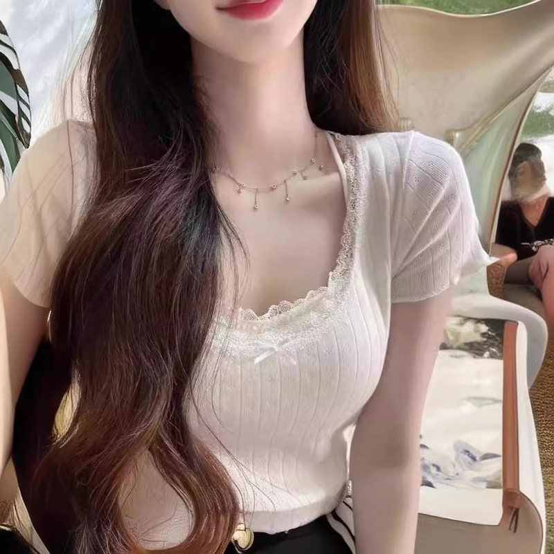 Summer Slimming Look White Lace Tight Top Bow Season New Slim Bottoming Shirt Top Women's T-Shirt