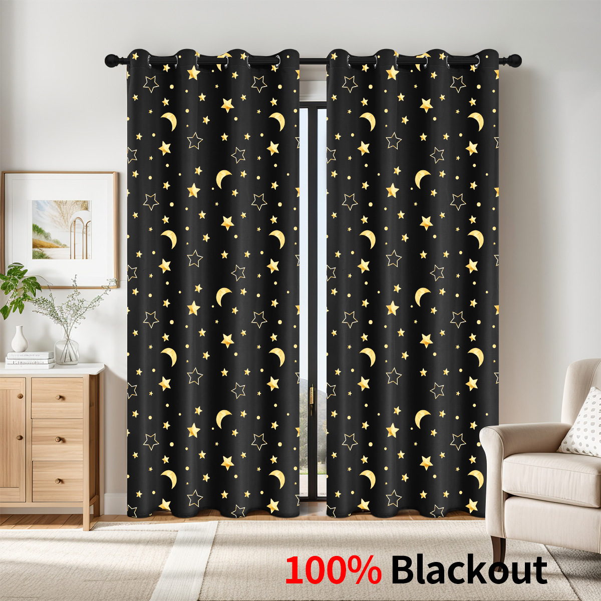 Bronceado gran estrella y luna perforada - negro