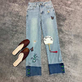 冬季南油新款刺绣牛仔裤休闲时尚百搭撞色复古轻国风新中式直筒裤