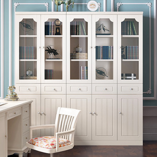 European style glass floor solid wood bookcase with door dustproof with glass door bookcase background wall large single bookshelf white