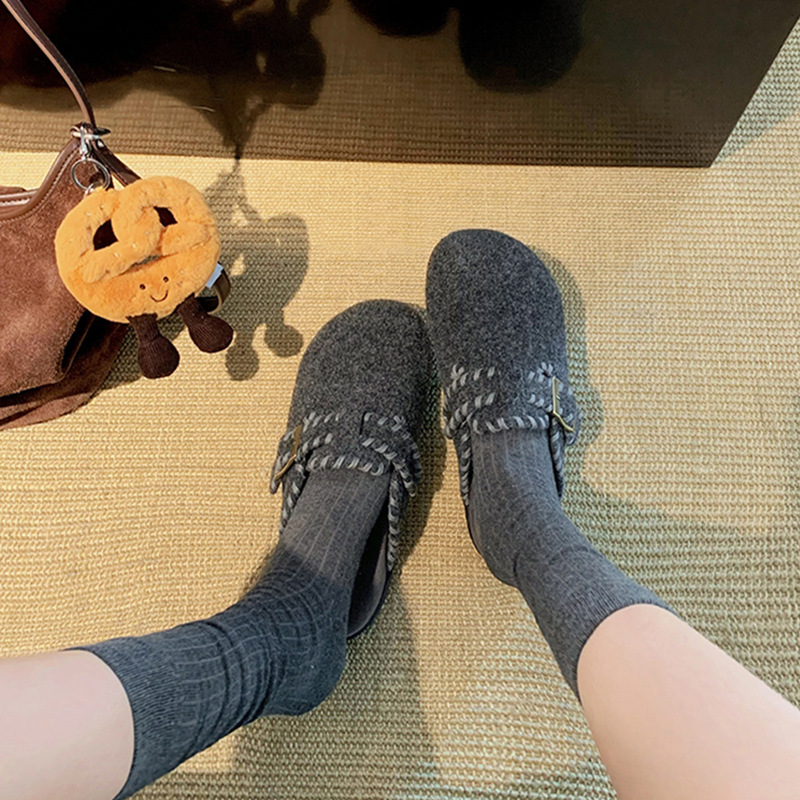 Korean Style Retro Baotou Birkenstock Half Slippers for Women to Wear Outside, Thick-Soled Gray Felt Slippers, Autumn and Winter Birkenstock Shoes