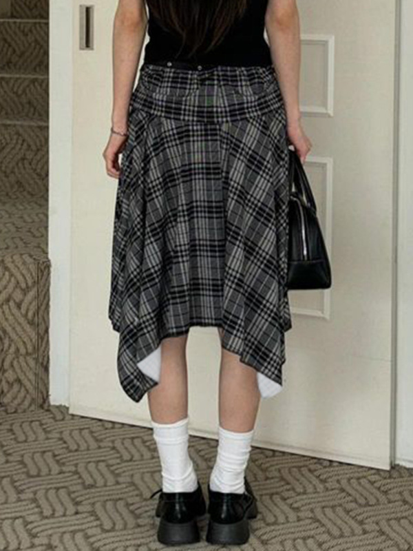 欧美学院风格纹撞色不规则少女半身裙复古低腰百搭显瘦休闲中长裙|undefined
