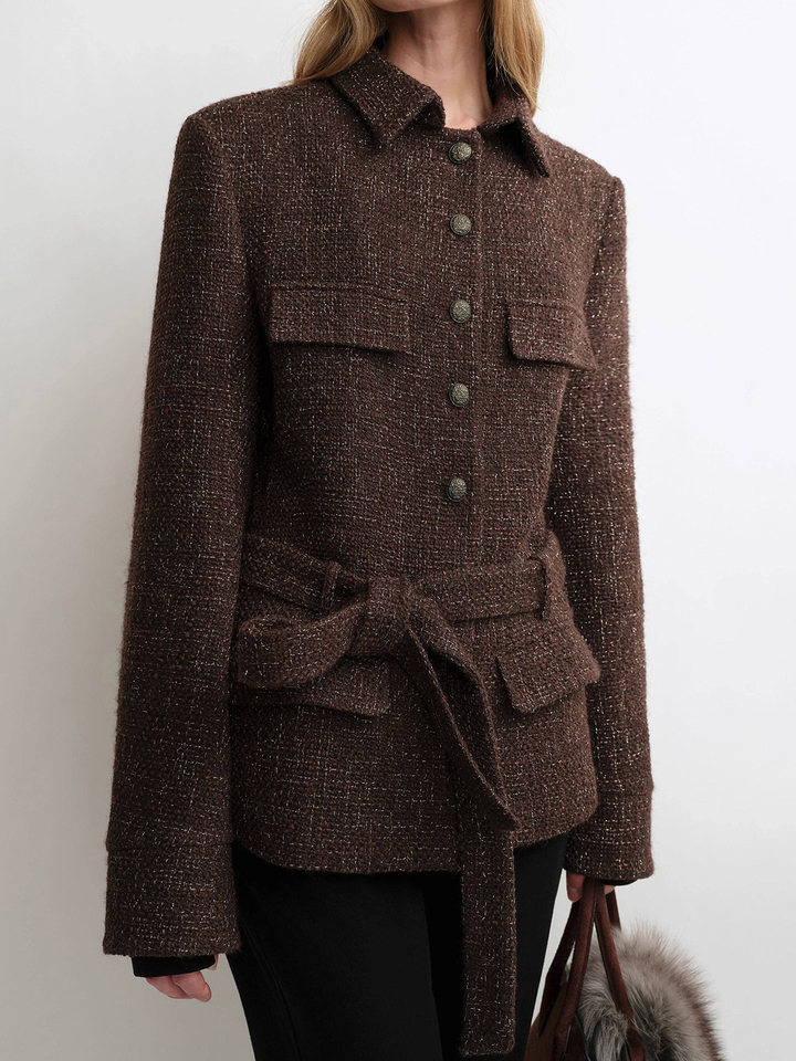 Áo khoác nữ dáng ôm kiểu sơ mi chất liệu dạ tweed lông cừu kèm thắt lưng, dài tay, cổ vest — Màu đỏ rượu Port