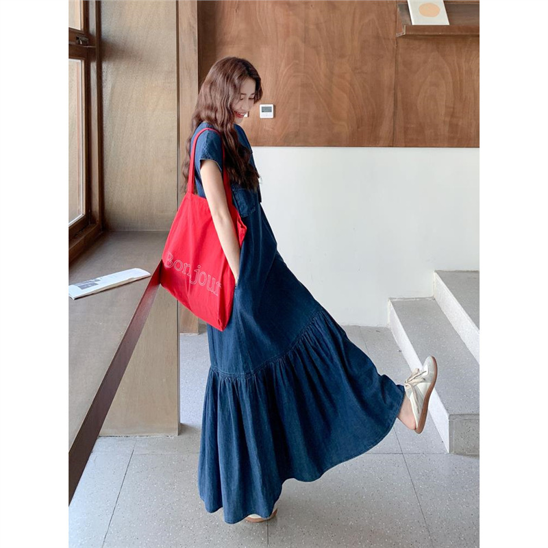 Salt-Based Retro Design Ruffled Denim Dress for Women Summer Korean Chic Super Long Knee-To-Ankle Dress