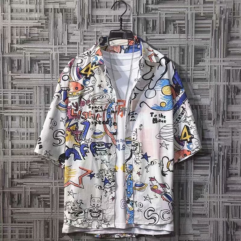 Mickey Graffiti Short Sleeve Floral Shirt for Men, Hong Kong Style Loose Bf Style Unisex Stylish Student Polo Collar Shirt