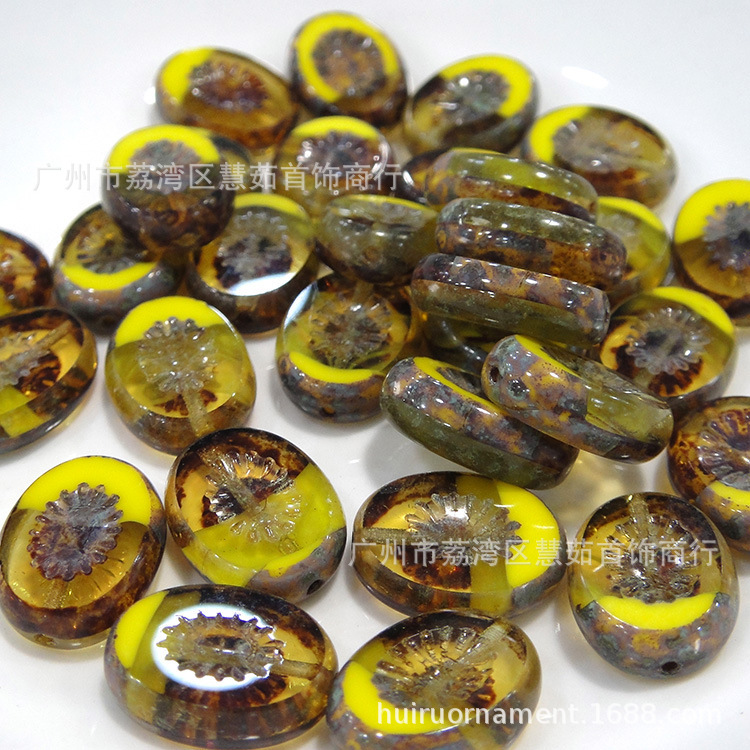 DIY loose beads Czech kiwi fruit flat oval 14x 10x 4mm inlet-mouth machine-made glass antique beads 99105 series