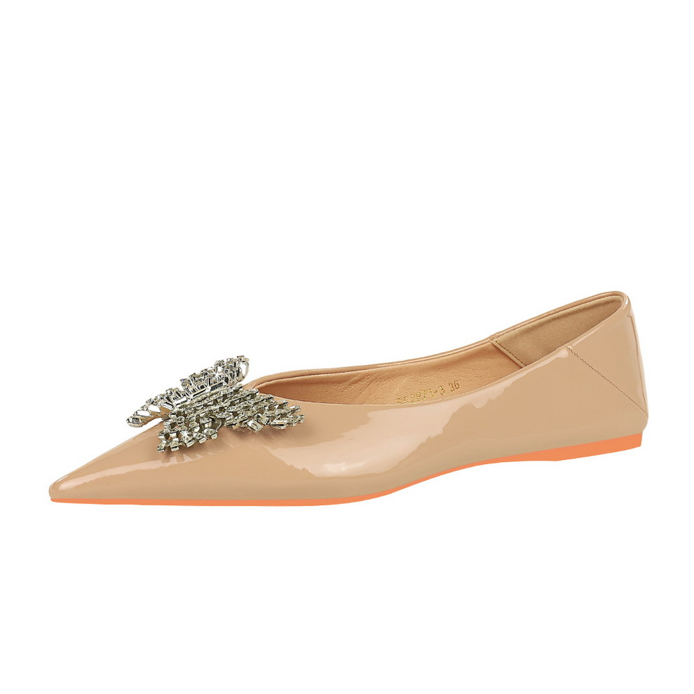 2873-K53 Comfortable Flat Heel Women's Shoes with Shallow Mouth, Sharp Point, Bright Surface, Lacquer Leather, Metal Butterfly, Water Diamond, Flat Bottom, Single Shoe