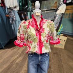 欧米の国境を越えたアマゾンの夏の新型女装カジュアルでゆるいファッションの色を合わせてフリルv襟プリント上着