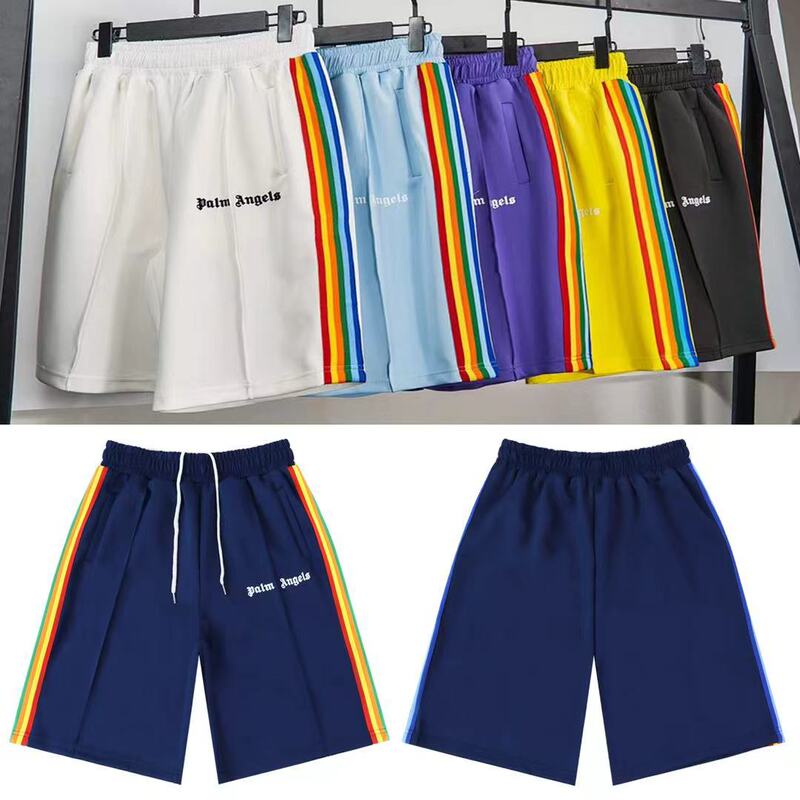 PA Angel trendy striped rainbow webbing shorts for men and women, couple's fog high street palm tree loose-fitting shorts