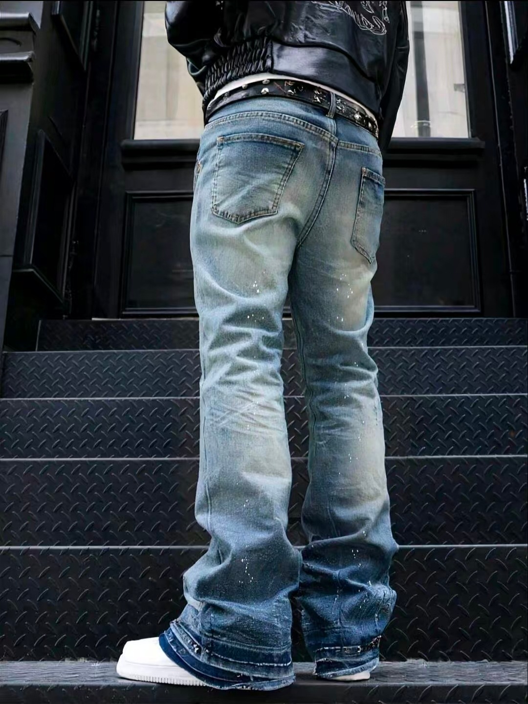 Men's Clothing Popular American Retro Washed Distressed Gray Splatter Paint Curved Blade Jeans Men's Trendy Loose Wide Leg Pants_mkmklike.com