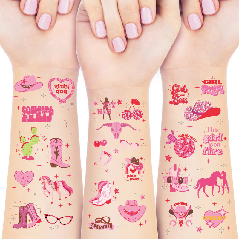 Cross Border New Pink Western Denim Tattoo Sticker Children Cartoon Cute Cowboy Temporary Arm Tattoo Sticker