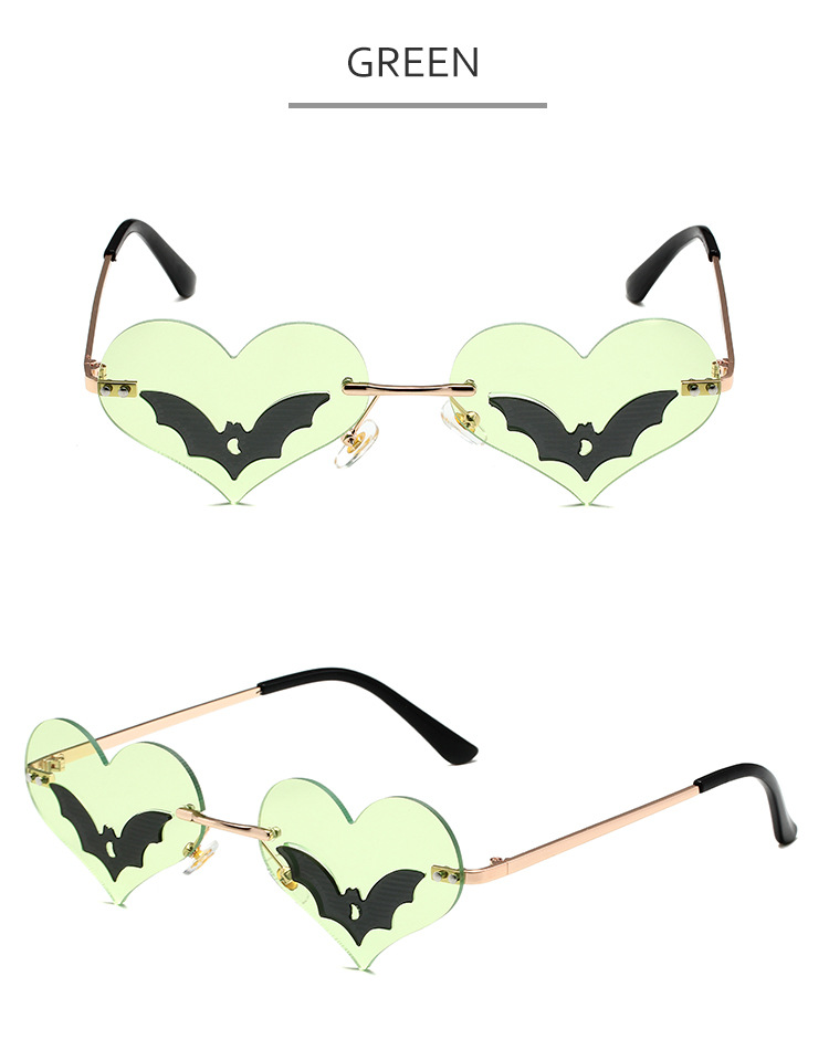 36g Weight Frameless Glasses Structure Sunglasses Classification PC, UV400 Protection Lens Material Special-Shaped Mirror Glasses Style Daily, Street Occasion Halloween Festival Heart Shape, Bat Pattern Unisex Gender Streetwear Style Black Color Streetwear Heart Shape Bat PC UV400 Protection Special-Shaped Mirror Frameless Women's Sunglasses 13
