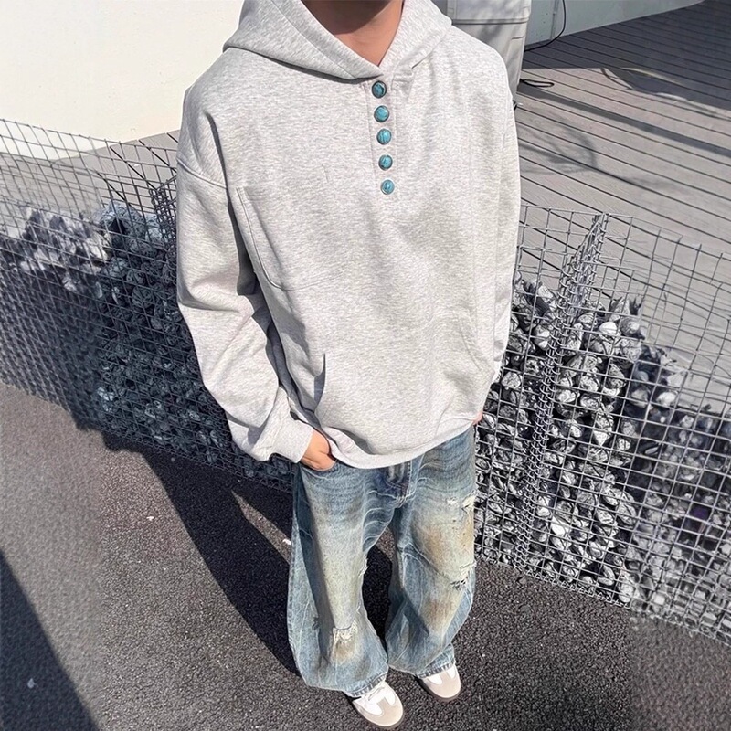 Autumn and winter American retro turquoise buttoned hooded sweatshirt for men, high street heavy-duty cleanfit couple's jacket