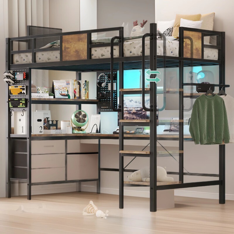 Cross-Border Direct Sales Storage Cabinet Desk Led Light and Charging Station 5 Drawers Loft Metal Double Bed L-Shaped Desk Cross-Border Direct Sales Storage Cabinet Desk Led Light and Charging Station 5 Drawers Loft Metal Double Bed L-Shaped Desk