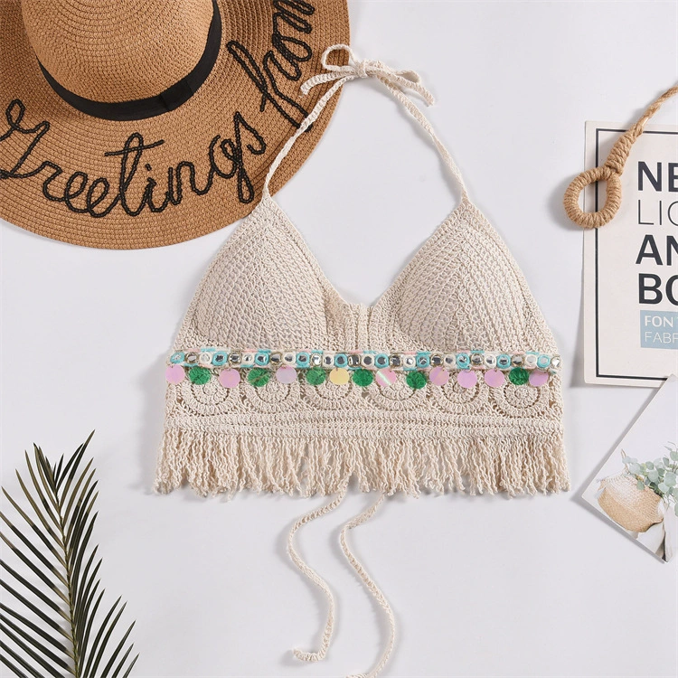 Bra top / knitted crop tank with cups and straps, backless, embroidered trim, one size