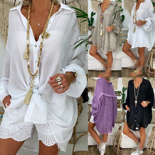 Women's Spring Summer European and American Style Button Down Long Sleeve Loose Casual Shirt Top