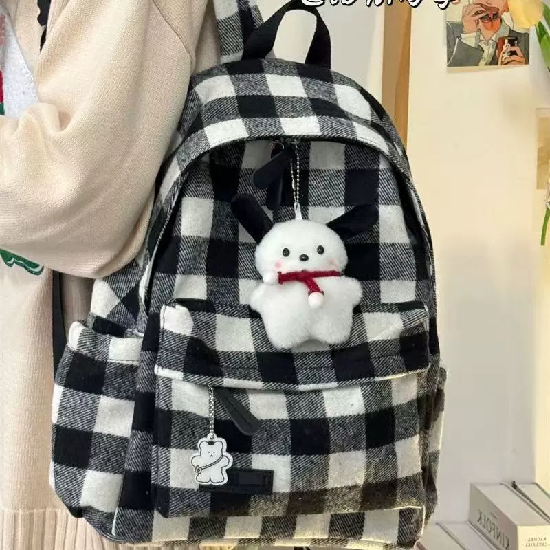 2025季格子帆布背包女中学生初中生双肩包大学生简约可爱书包