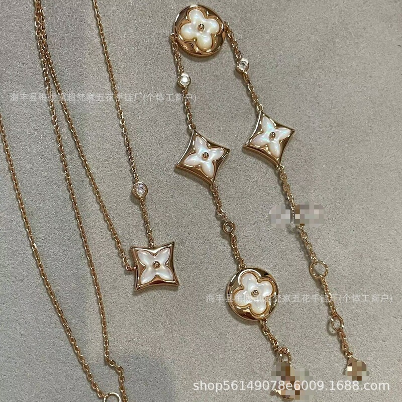 Luxury Brand High-End Four-Leaf Clover Five-Flower Bracelet for Women, High-End Thick 18K Gold-Plated Monogram Pointed Flower Necklace, Popular on Instagram, Versatile