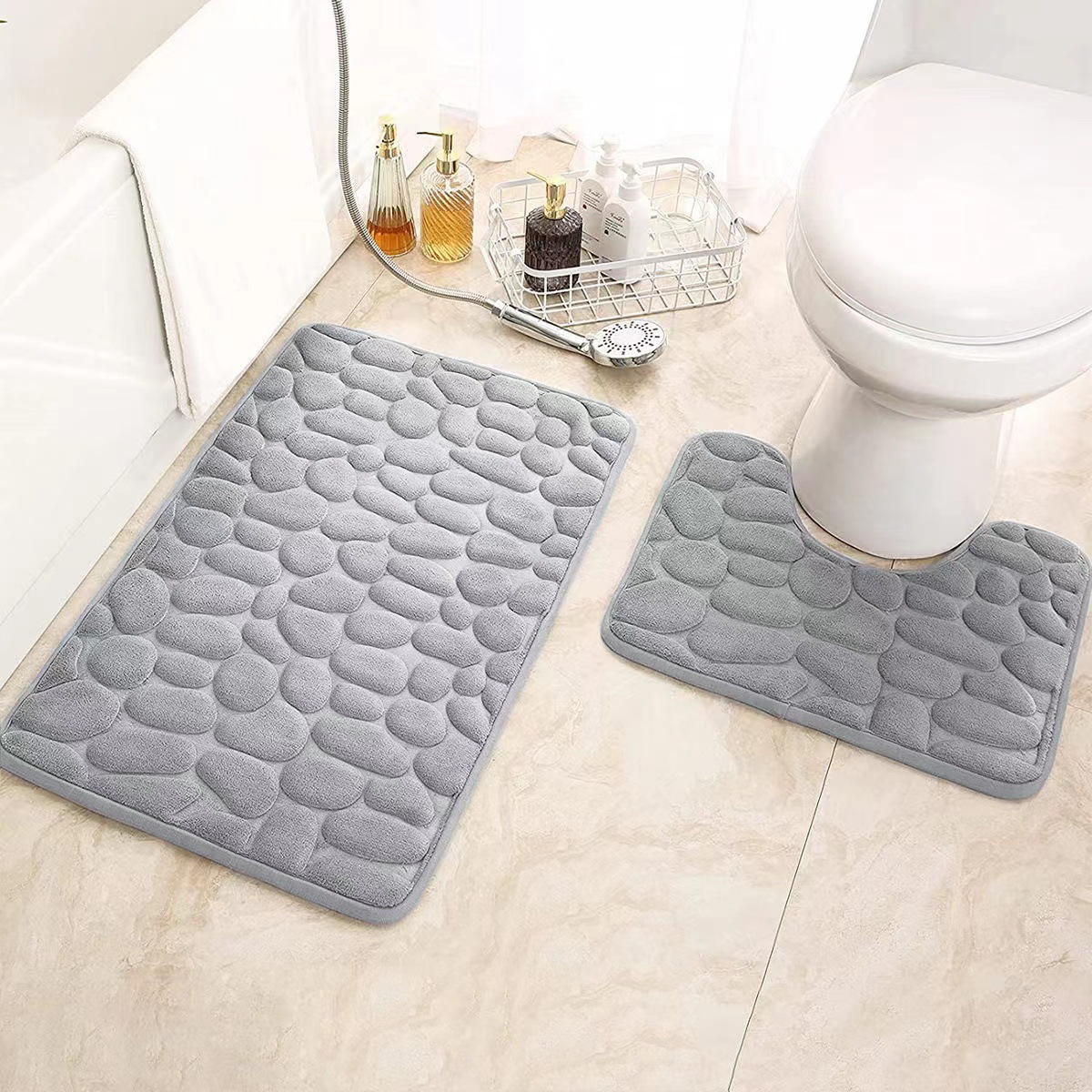 Cross-Border Small Stone Coral Velvet Floor Mat, Solid Color, Simple Style, Bathroom Floor Mat Two-Piece Set, Toilet Non-Slip Mat