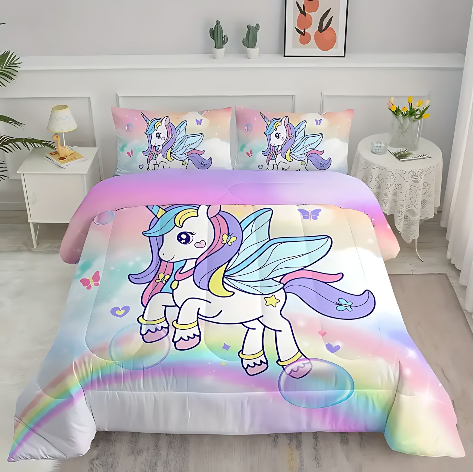 TEMU / JIT Unicornio de dibujos animados para niños impresión digital 3D 180gms colcha colchón conjunto de dibujos pueden hacer