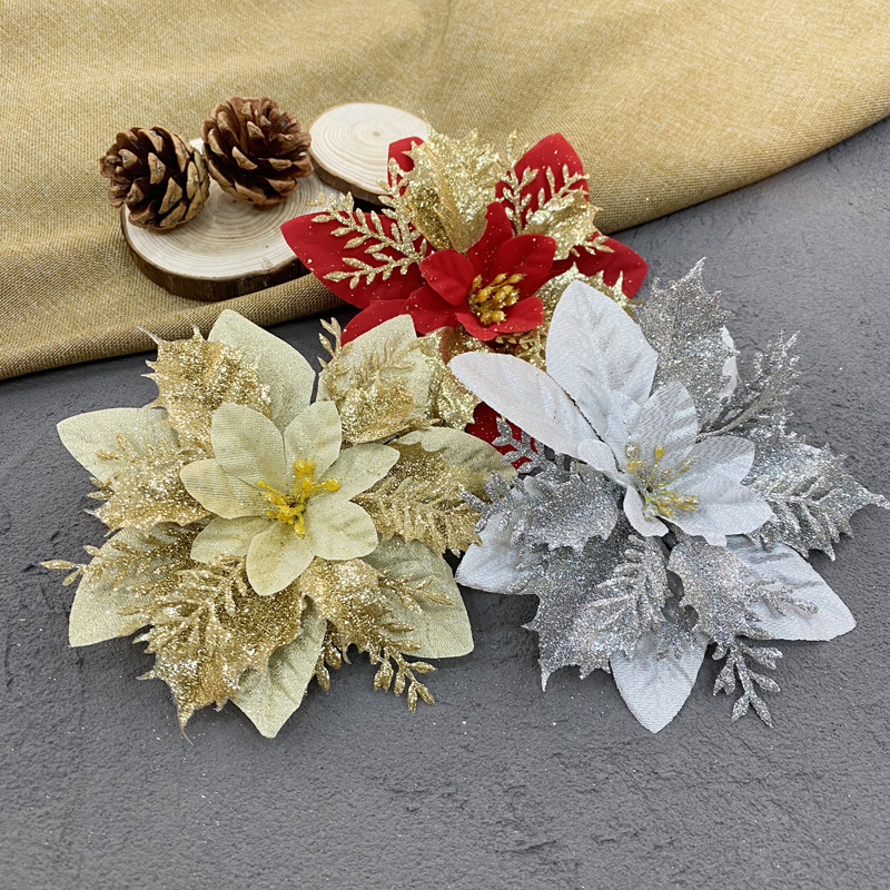 Christmas gold powder hollow three-dimensional flower, artificial flower, Christmas tree, garland decoration, accessories, festival scene decoration