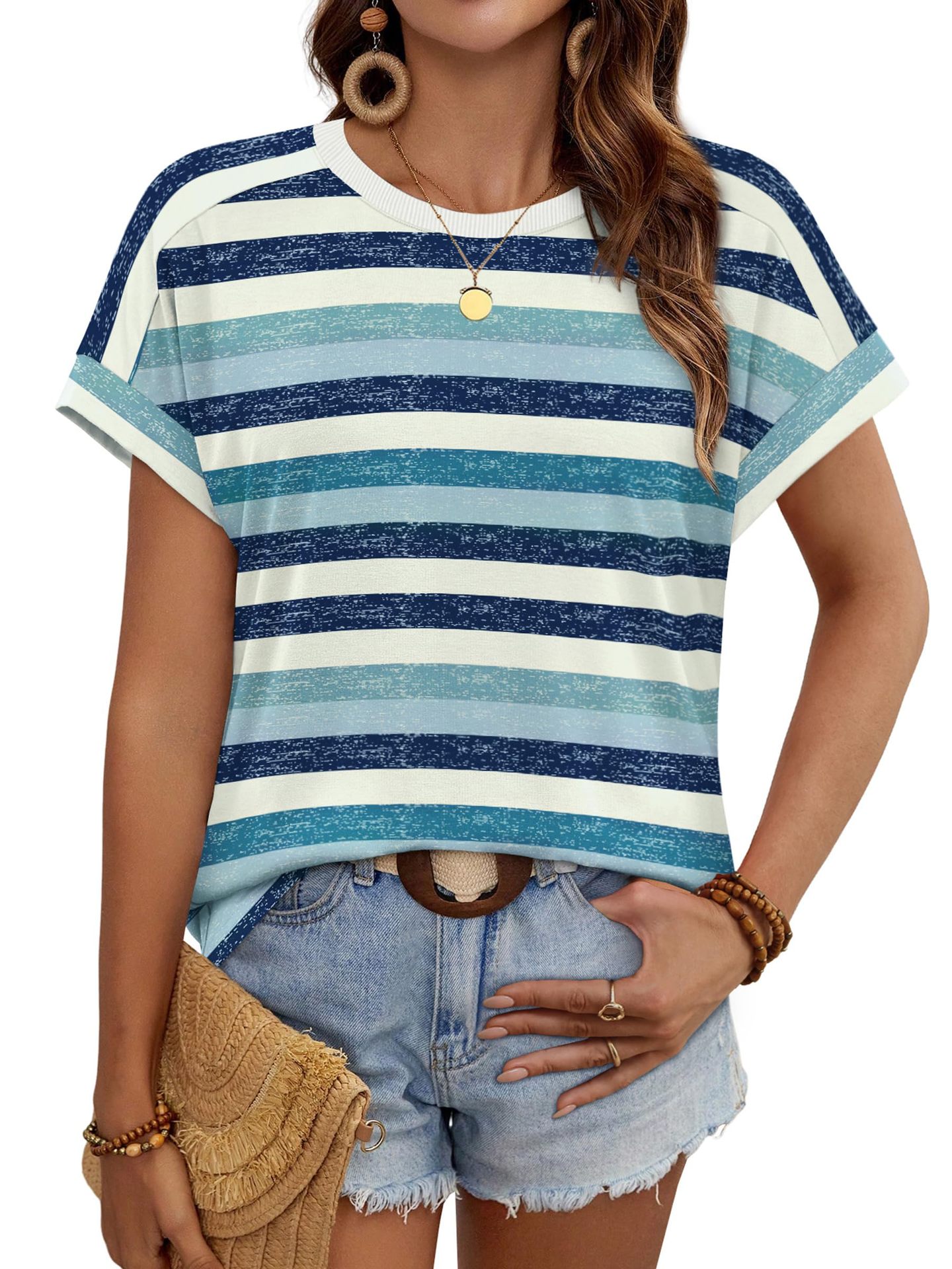 Summer New Women's Round Neck Casual Striped T-Shirt Short Sleeve Top American Style_ecoleips.com