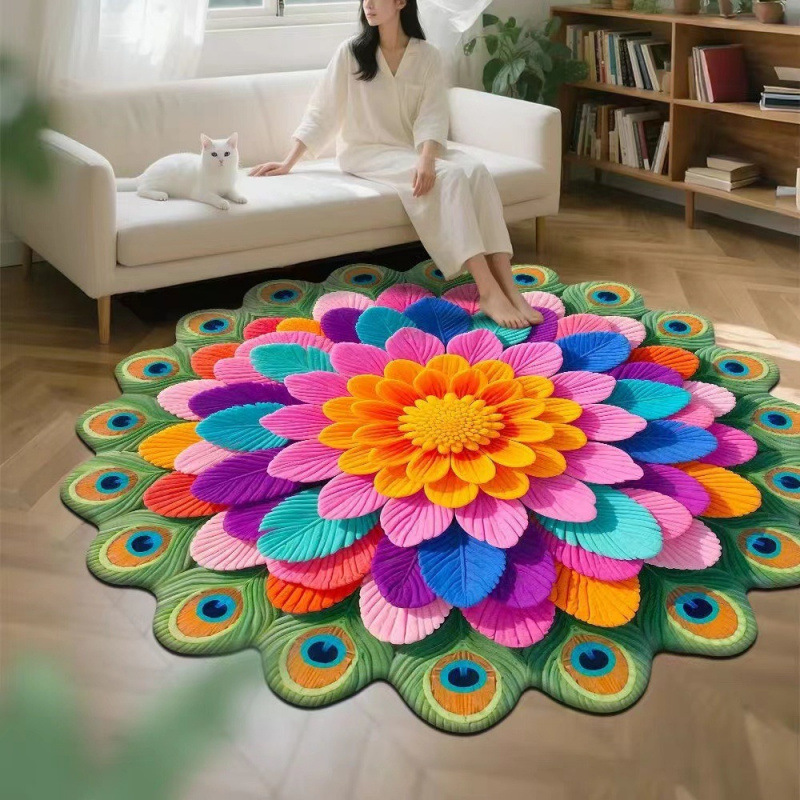 3D效果孔雀花卉圆形水晶绒印花地毯家用装饰客厅防滑易打理沙发毯|undefined