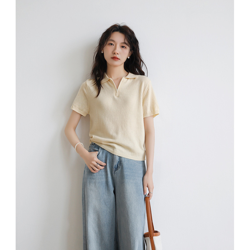 Real shot light yellow POLO collar sweater women's short sleeve T-shirt slim all-match lapel half zipper solid color top for summer
