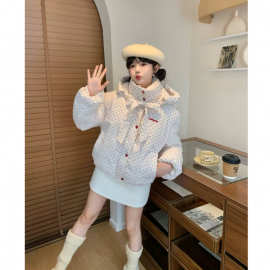 实拍韩系学院风彩色波点连帽棉服外套女冬季新款加厚保暖面包服