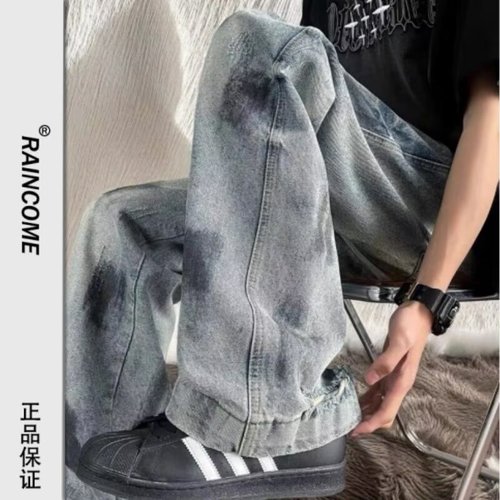 Cross-border retro dirty design, worn-out straight-leg jeans for men and women, high street slimming, ripped, frayed, wide-leg, drooping feeling.