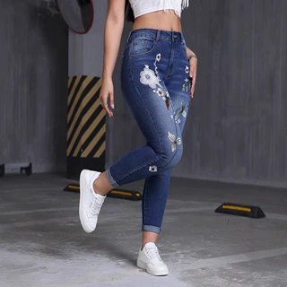 跨境欧美花盆刺绣紧身牛仔裤修身版型优雅女士弹力牛仔小脚九分裤