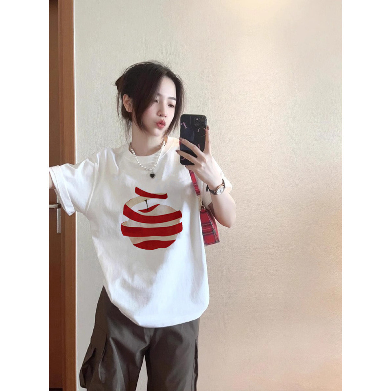 White Pure Cotton Apple Short-Sleeve T-Shirt for Women, Summer 2026 New Design, Niche Style, Regular Shoulder, Loose Half-Sleeve Top, Trendy