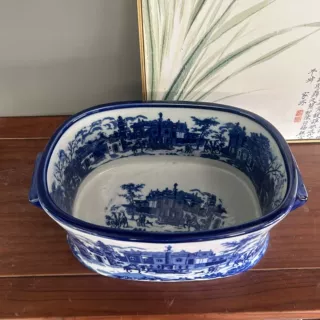 仿古青花内绘风景陶瓷盆 欧式风双耳长方盆 家用收纳养鱼盆栽现货