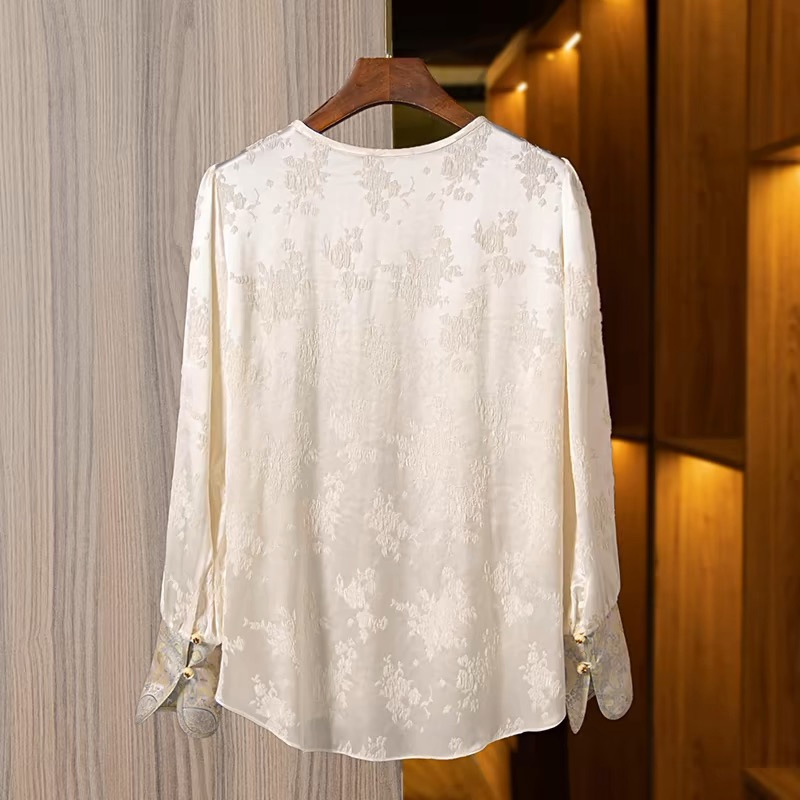 National Style Jacquard Imitation Silk Top for Women 2024 New Buckle New Chinoiserie Retro Splicing Long-Sleeved Mulberry Silk Shirt