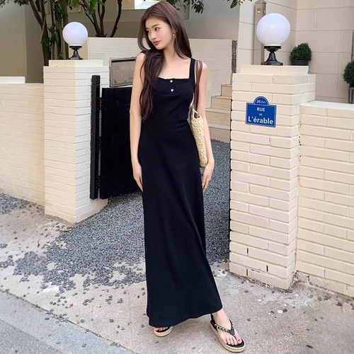 Ins sexy pure desire square neck buttonless sleeveless camisole dress post-shaping mother dress waist-cinched long A-line dress for women trendy