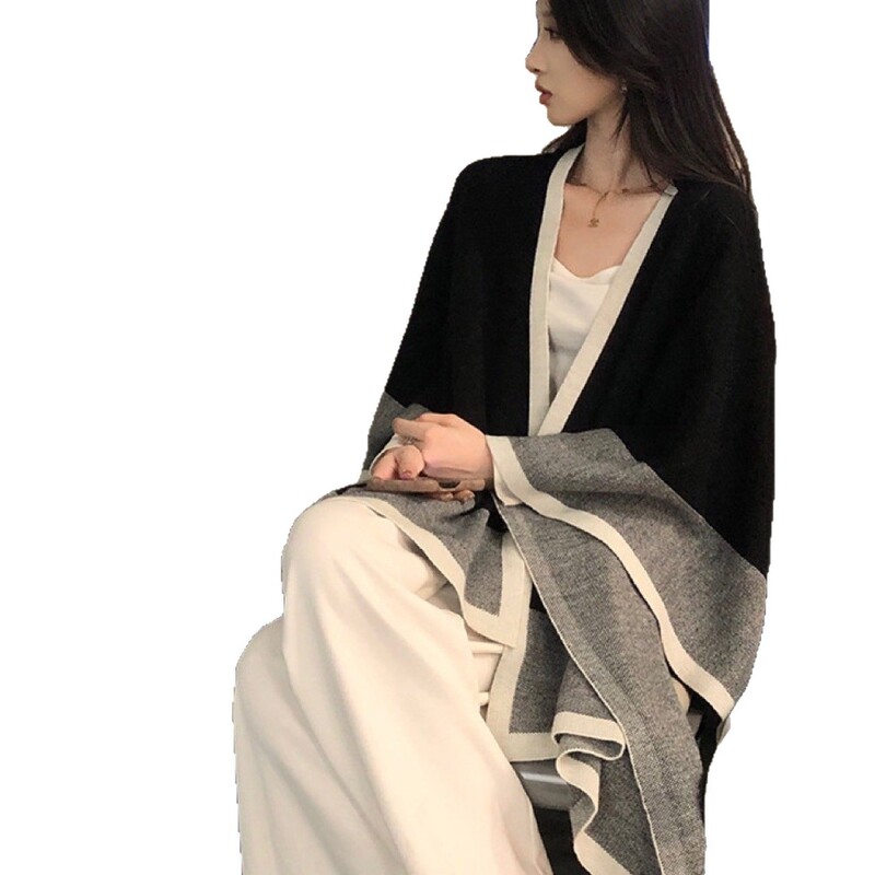 2025新款休闲风设计感撞色大披肩女外搭时尚宽松百搭针织披肩|undefined
