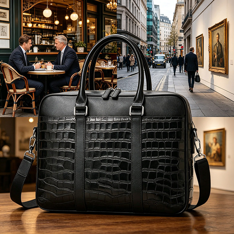 Túi xách tay nam da bò lớp đầu vân cá sấu, đeo chéo dung tích lớn 39×7×29 cm — màu đen chi tiết 3