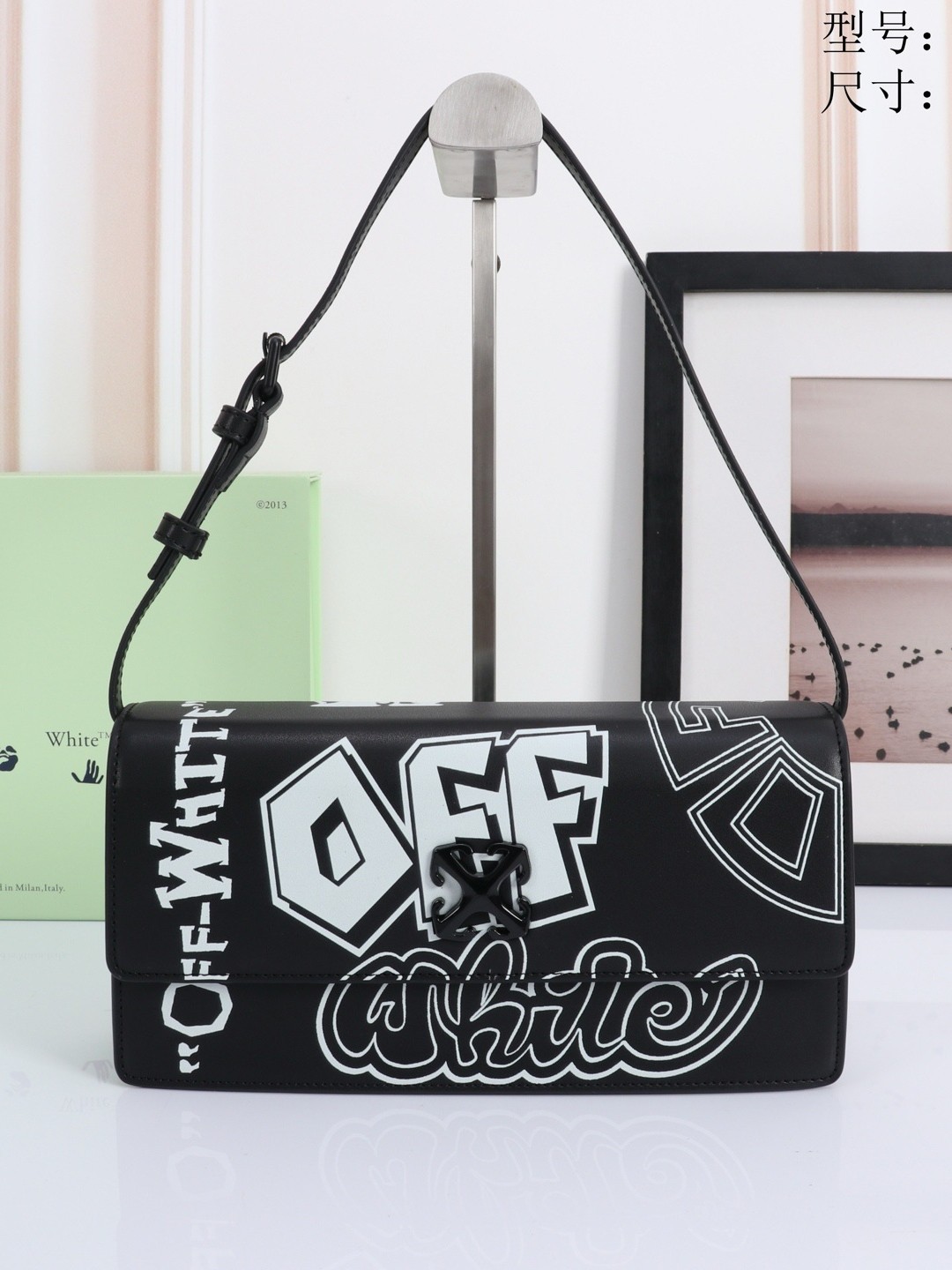 Off White üslubunda kiçik kvadrat çanta, qadın çiynində daşınan model