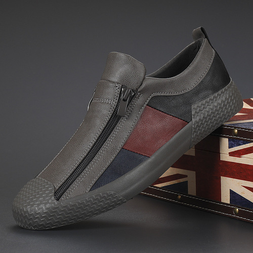 2024 Spring Men's Shoes Korean Style Casual Shoes Slip-on Loafers Zipper Leather Shoes Color Matching Trendy Shoes Flat Shoes for Men